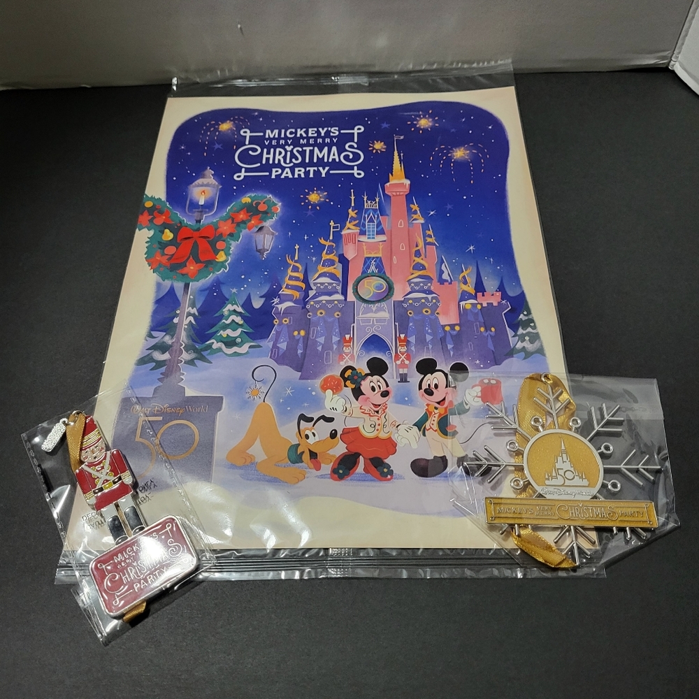 Walt Disney World Mickey's Very Merry Christmas Party Print & 2 Ornaments Lot